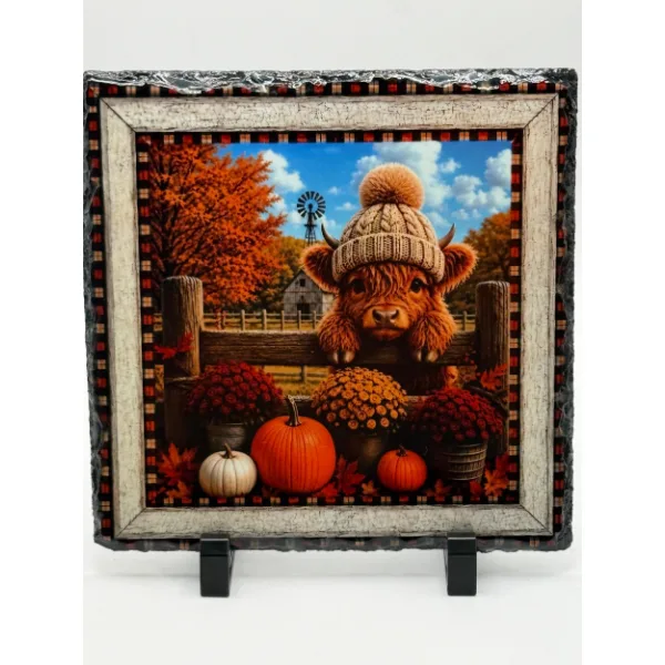 Baby highland cow in an autumn wreath, hand-painted on slate