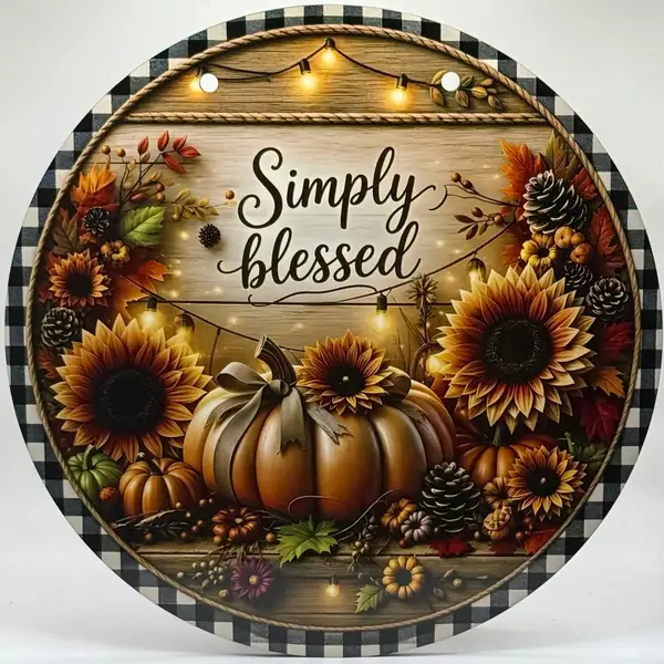 Round wooden door hanger reading Simply Blessed, painted with sunflowers and pumpkins